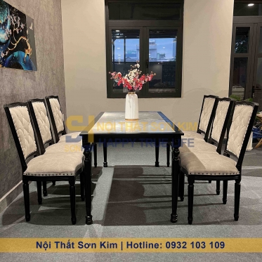 Bàn Ăn Louis Và Ghế Louis Lưng Vuông Sơn Đen BGA45