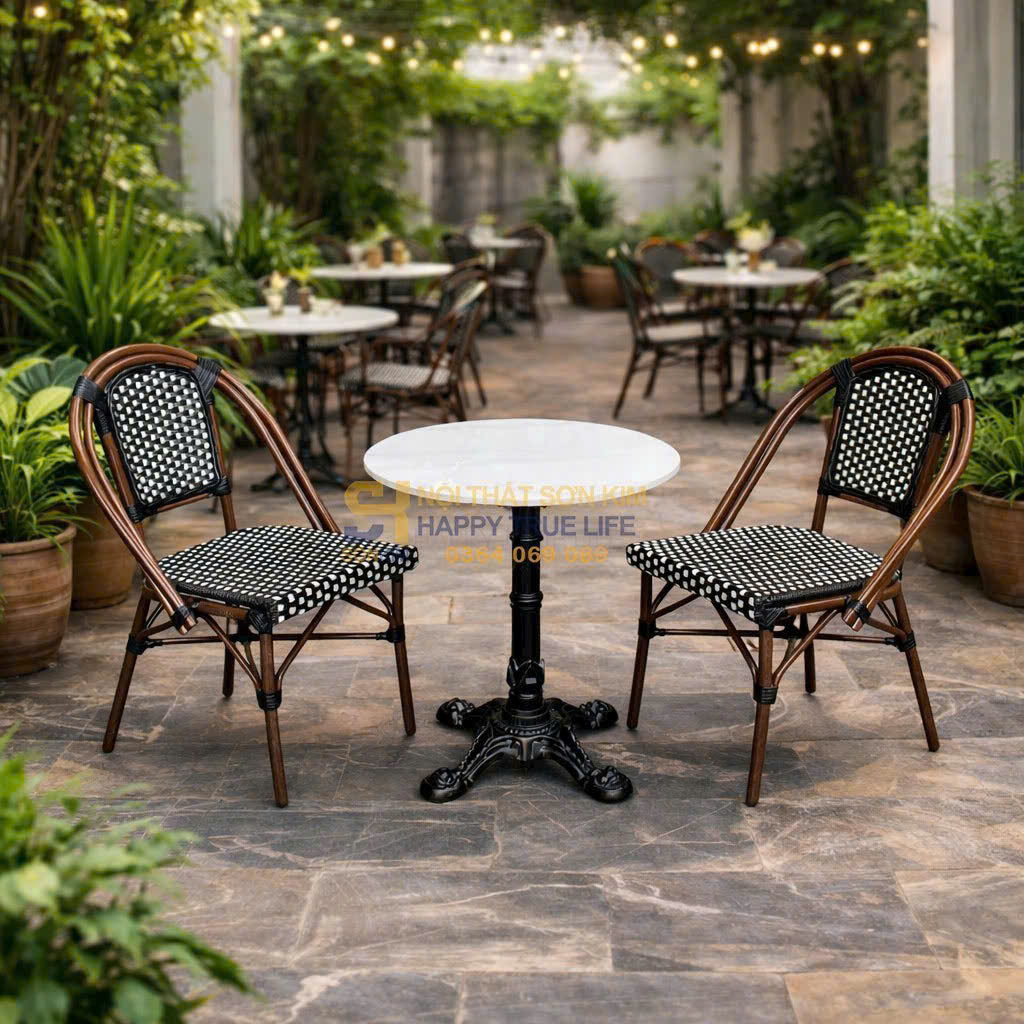 cấu tạo bàn ghế mây nhựa cafe khung sắt sợi PE