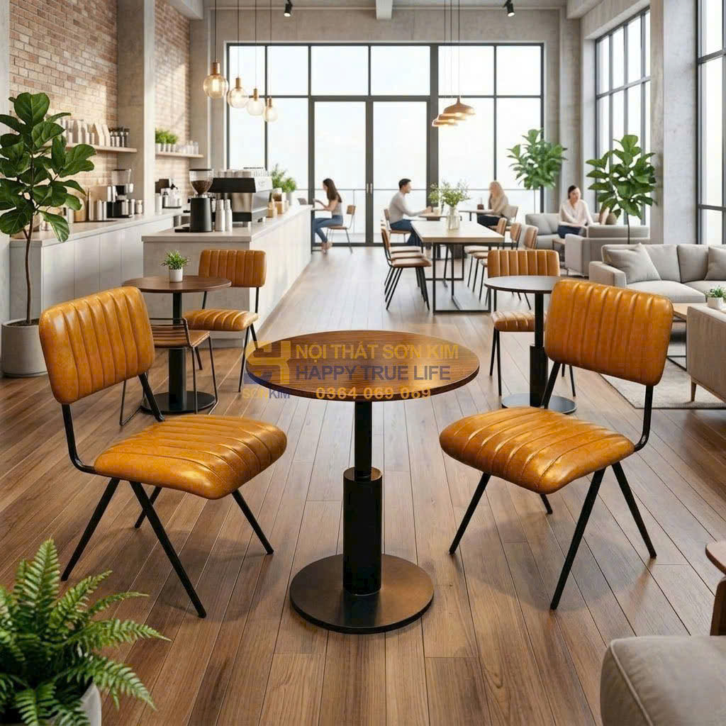 quán cafe phong cách industrial với bàn chân sắt mặt gỗ