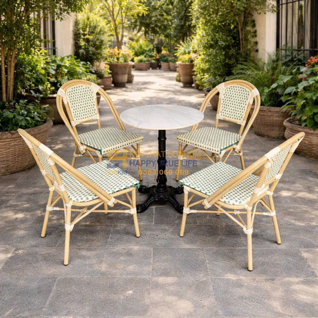 bàn ghế sắt đan mây nhựa ngoài trời quán cafe sân vườn BGC350 Sơn Kim