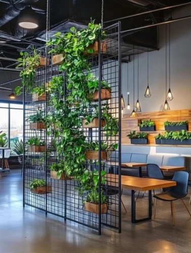 phụ kiện trang trí quán cafe cây xanh gương tranh tường vách ngăn