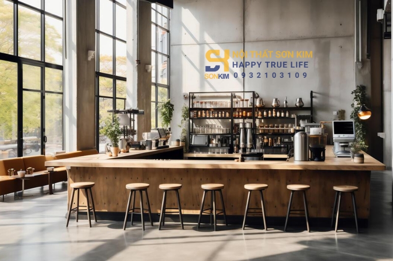 quầy bar cafe gỗ rustic warm wood