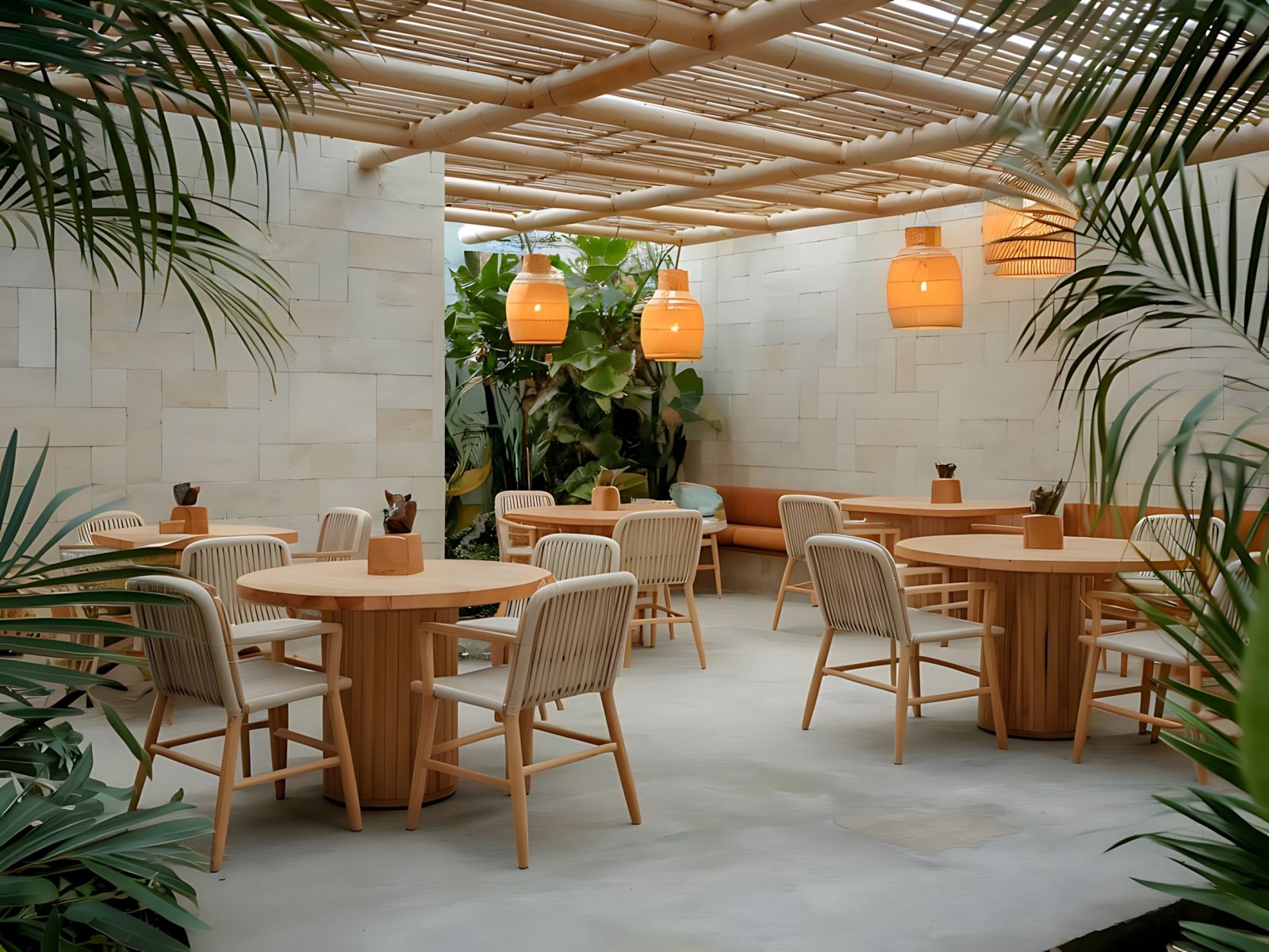 thiết kế quán cafe biophilic tropical zen cây xanh mây tre 2026