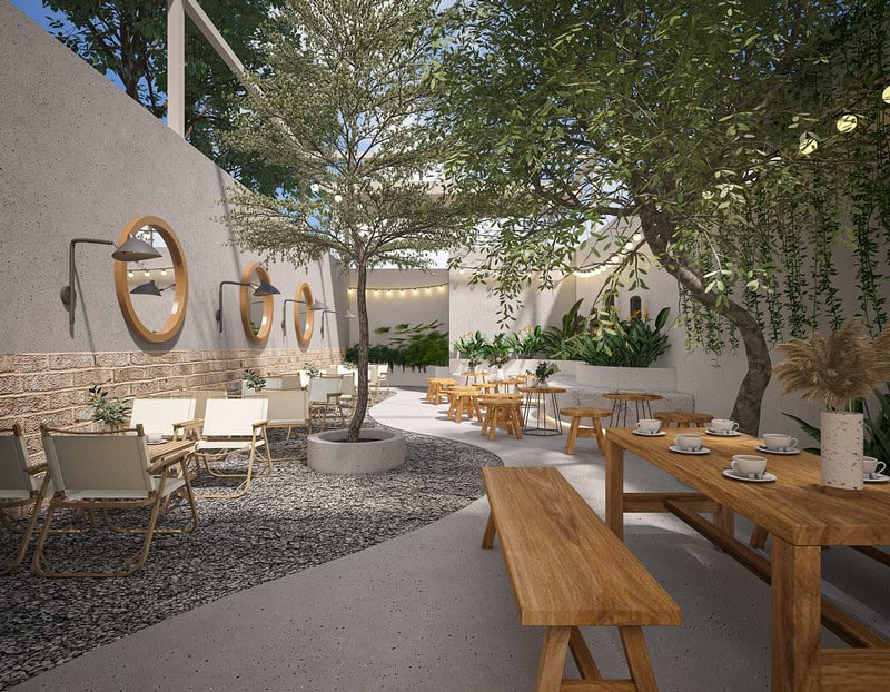 thiết kế quán cafe sân vườn ngoài trời cây xanh mái che