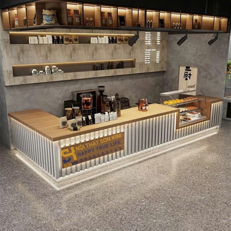 thiết kế quầy bar cafe hình chữ L