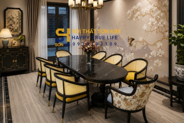 Bàn ăn Indochine gỗ tần bì chân tiện trong phòng ăn biệt thự