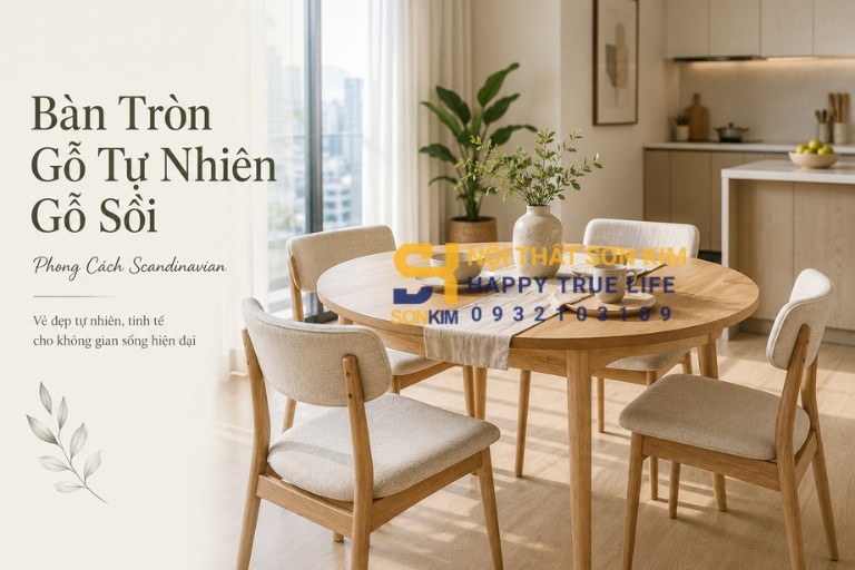 bàn tròn gỗ tự nhiên gỗ sồi phong cách Scandinavian