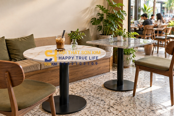 Bàn cafe chân sắt mặt đá marble ceramic cho quán