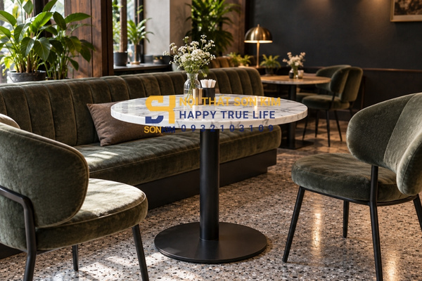 Bàn cafe mặt đá marble vân trắng sang trọng chân sắt đen
