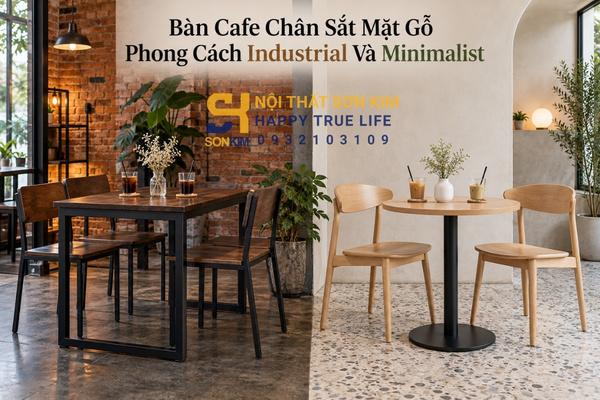 Bàn cafe chân sắt mặt gỗ phong cách industrial và minimalist