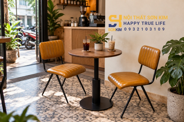 Bàn cafe chân sắt mặt gỗ tròn Ø60 cho quán nhỏ