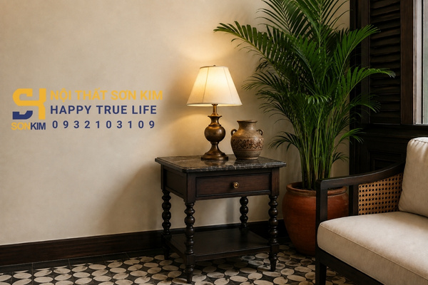 Bàn tab Indochine đặt góc decor với đèn bàn và cây xanh