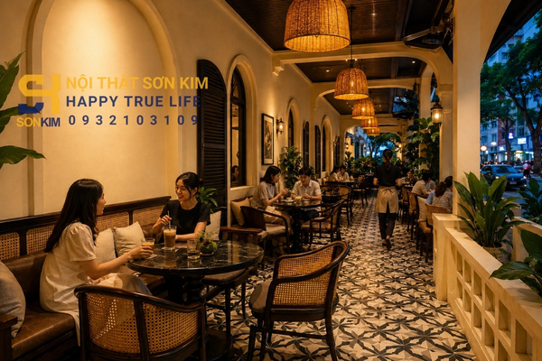 Phối bàn cafe phong cách Indochine với ghế mây gạch bông và đèn vàng