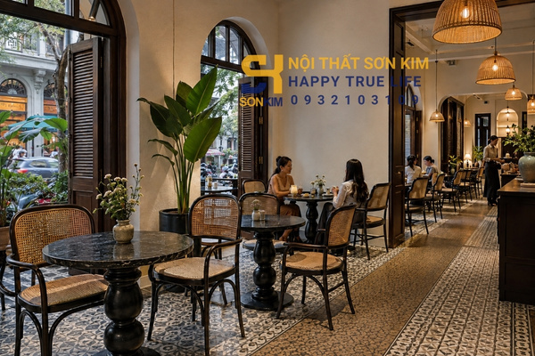 Bàn cafe Indochine trụ lục bình mặt đá trong không gian quán phong cách Đông Dương
