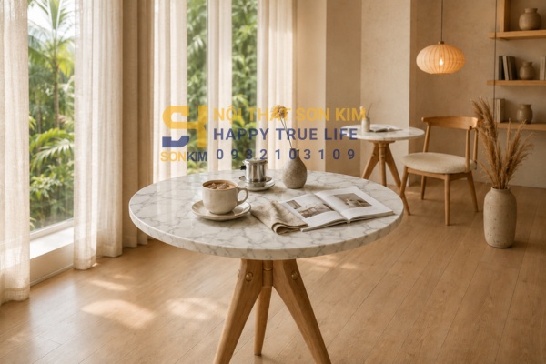 bàn cafe mặt đá marble trắng chân gỗ phong cách Scandinavian