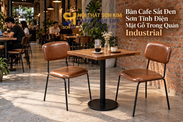 Bàn cafe sắt đen sơn tĩnh điện mặt gỗ trong quán industrial