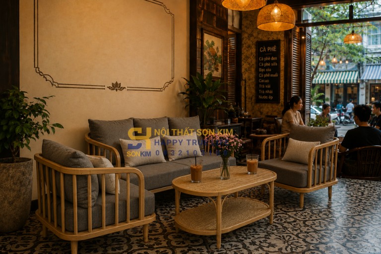 Bàn cafe sofa Đông Dương trong quán cafe boutique