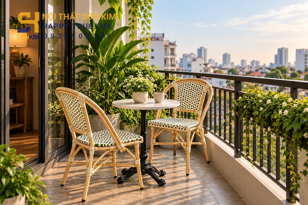Bộ bàn ghế sắt ngoài trời đan mây nhựa BGC350 cho ban công