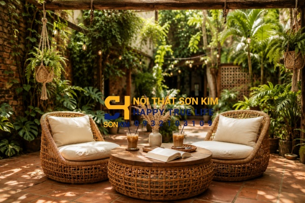 Bộ bàn ghế cafe thấp phong cách Boho sân vườn mây đan