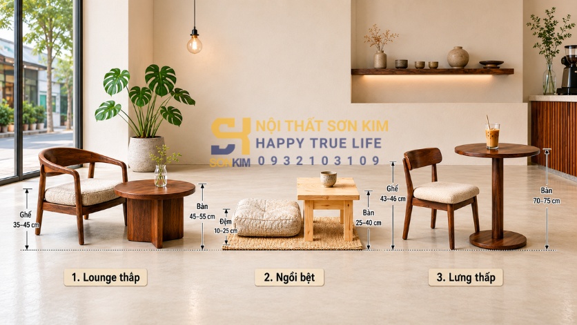 Kích thước chuẩn bàn ghế cafe thấp ba dòng lounge ngồi bệt lưng thấp