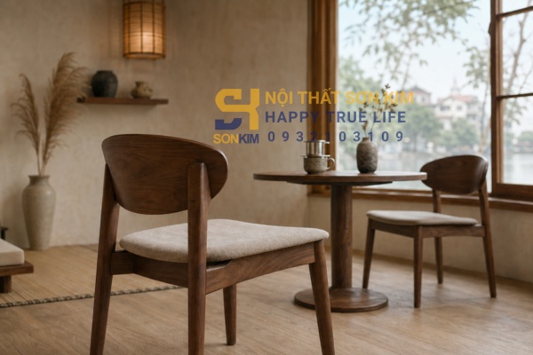 Ghế cafe lưng thấp gỗ cao su phong cách Japandi