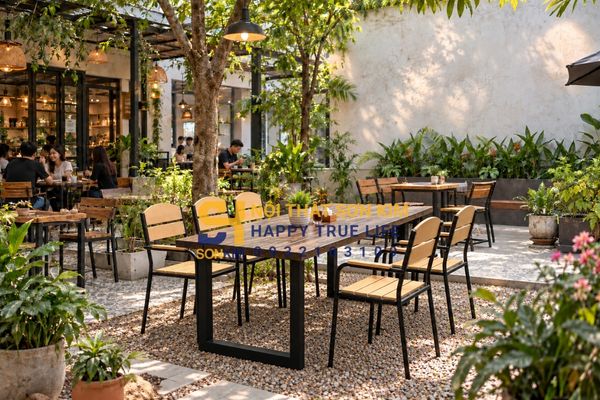 Mẫu bộ bàn ghế gỗ ngoài trời cho quán cafe sân vườn