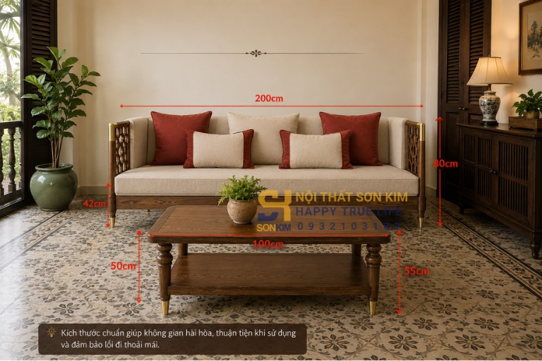 Bàn trà sofa Indochine kích thước chuẩn cho phòng khách