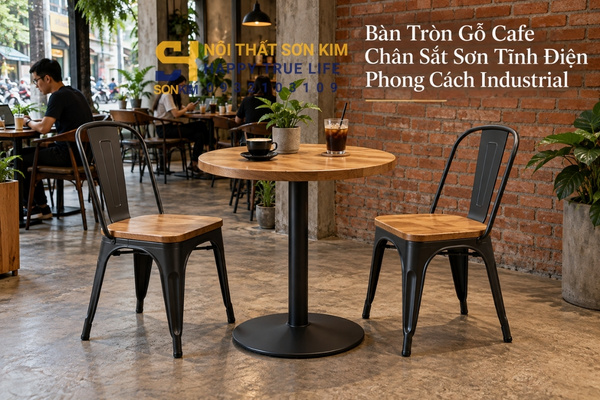 Bàn tròn gỗ cafe chân sắt sơn tĩnh điện phong cách industrial