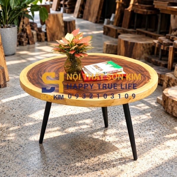 Bàn tròn cafe gỗ me tây nguyên tấm đường kính 60cm mặt và cạnh