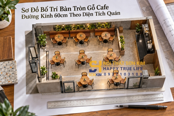 Sơ đồ bố trí bàn tròn gỗ cafe đường kính 60cm theo diện tích quán