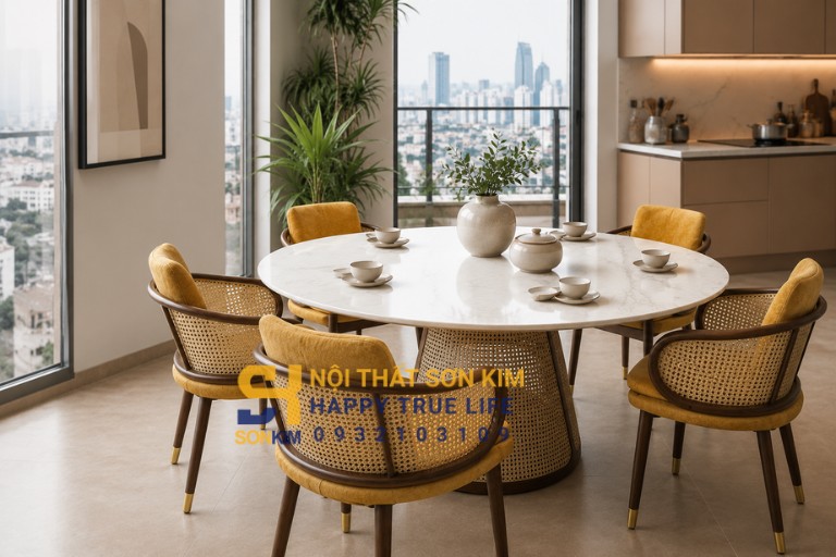bàn tròn mặt đá ceramic chân đan mây