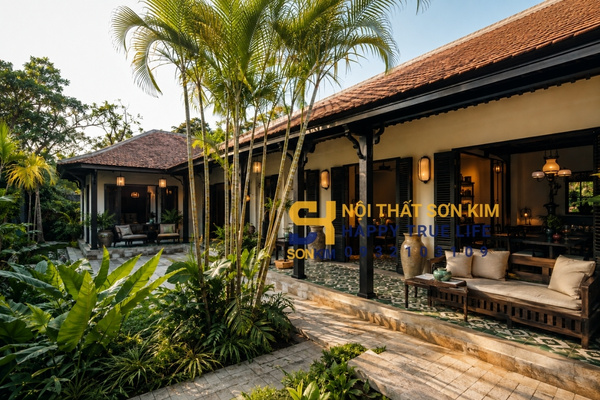 Mẫu biệt thự Indochine 1 tầng sân vườn có hiên rộng