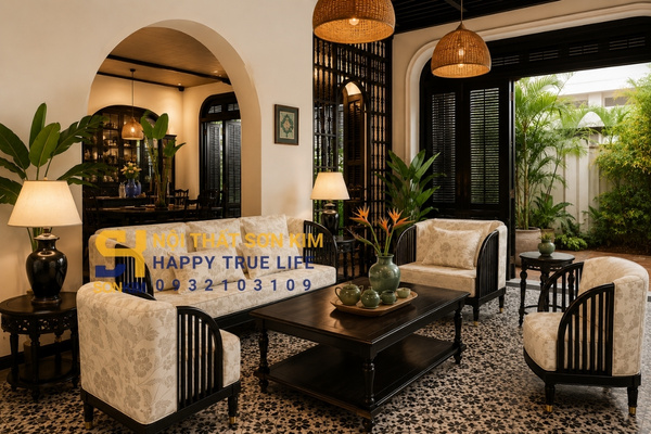 Phòng khách biệt thự Indochine với sofa gỗ và vách kỷ hà