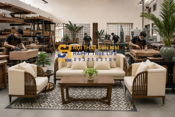 Nội thất gỗ Indochine sản xuất tại xưởng Sơn Kim