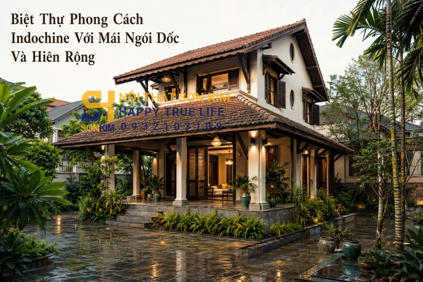 Biệt thự phong cách Indochine với mái ngói dốc và hiên rộng