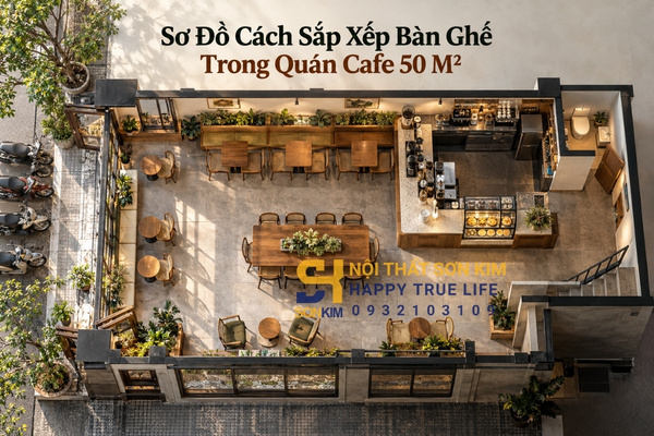 Sơ đồ cách sắp xếp bàn ghế trong quán cafe 50 m²
