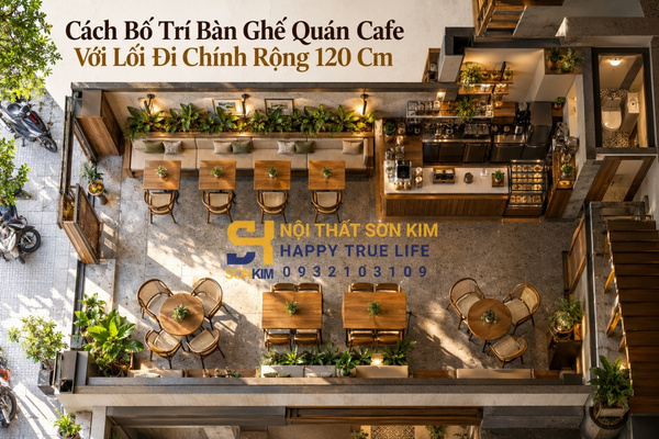 Cách bố trí bàn ghế quán cafe với lối đi chính rộng 120 cm