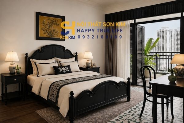 Phong cach indochine cho chung cu phòng ngủ giường gỗ sơn đen