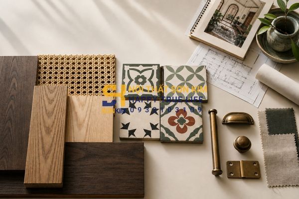 Vật liệu can ho indochine gỗ tần bì mây tre gạch bông đồng thau