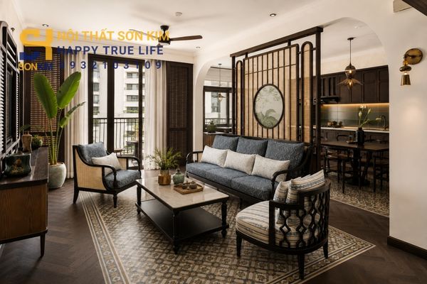 Căn hộ phong cách Indochine tổng thể phòng khách chung cư hiện đại