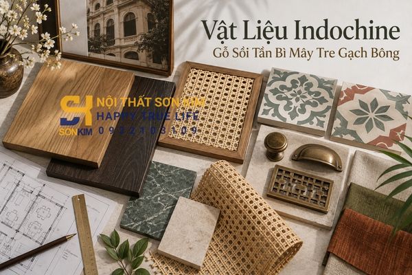 Vật liệu Indochine gỗ sồi tần bì mây tre gạch bông