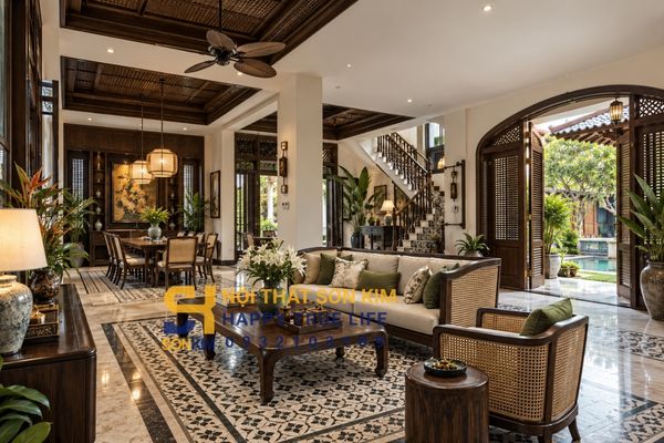 Thiết kế biệt thự Indochine 200m2 gỗ óc chó và gạch bông