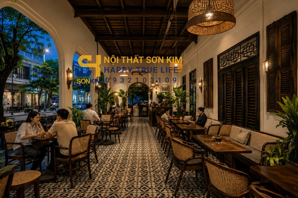 Phong cách thiết kế Đông Dương ứng dụng cho quán cafe với bàn ghế mây đan