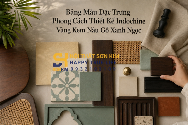 Bảng màu đặc trưng phong cách thiết kế Indochine vàng kem nâu gỗ xanh ngọc
