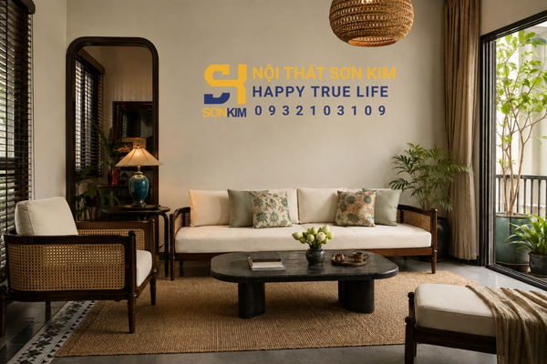 Đặc điểm nội thất Indochine trong phòng khách với sofa gỗ và thảm cói