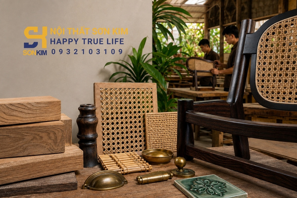 Chất liệu đặc trưng nội thất Indochine gỗ tự nhiên mây tre đan đồng thau