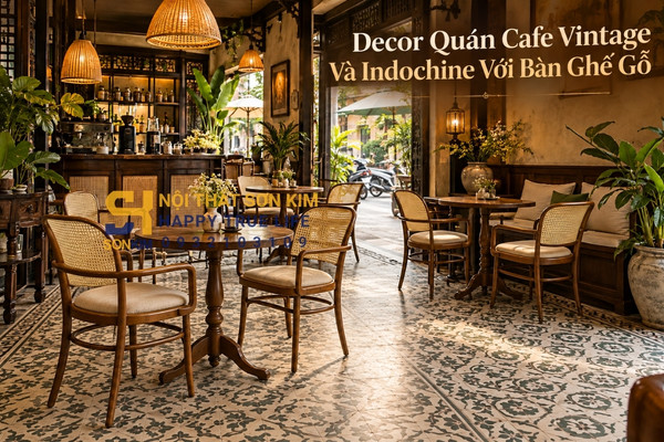 decor quán cafe vintage và Indochine với bàn ghế gỗ