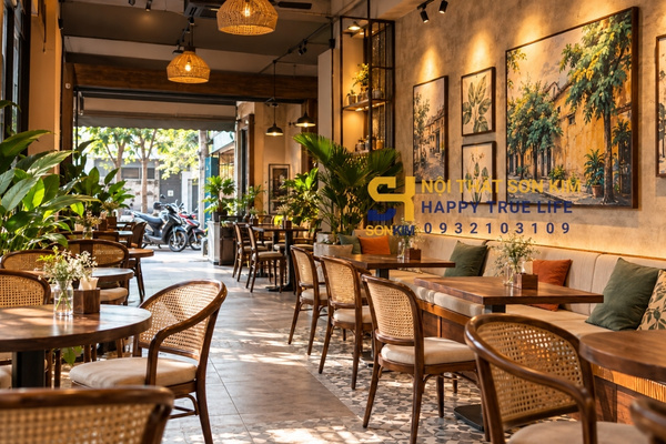decor tường quán cafe kết hợp ánh sáng ấm và tranh canvas