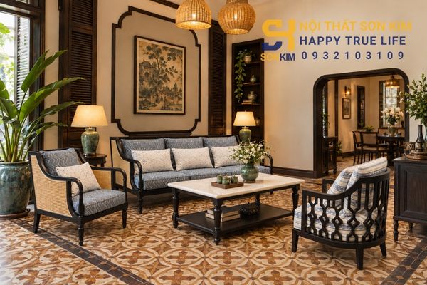 Gạch lát nền Indochine phòng khách tông vàng nâu