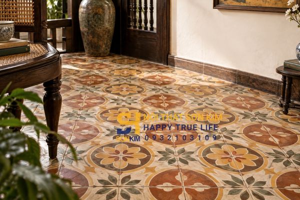 Gạch bông Indochine hoa văn kỷ hà tông vàng nâu terracotta